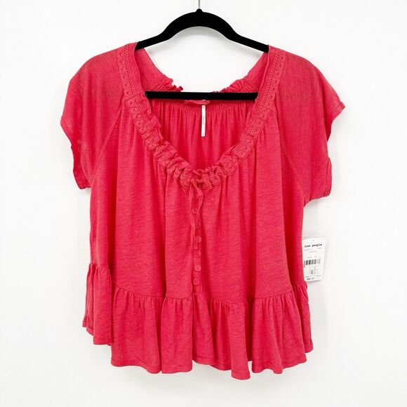 Free People Charlie Tee Size XS Women Oversized Short Sleeve Flounce Ruffle Red - Picture 3 of 11